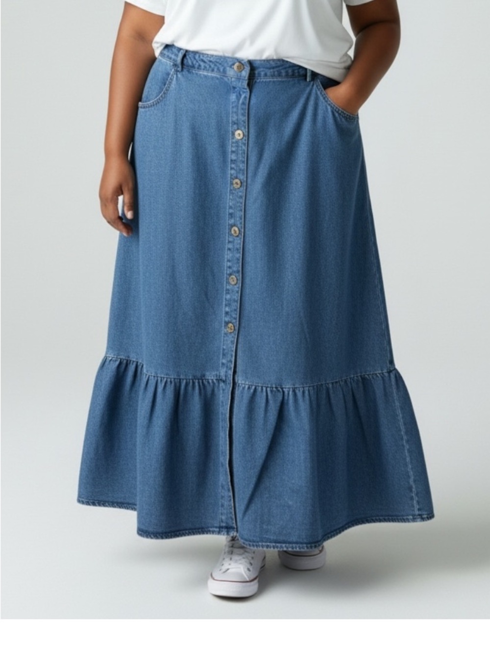 Ty Blue Button-Front Denim Maxi Skirt with Ruffle Hem